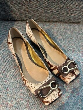 Women’s Brown and Cream Cowhide Print Square-Toe Flats with Horsebit Accent
